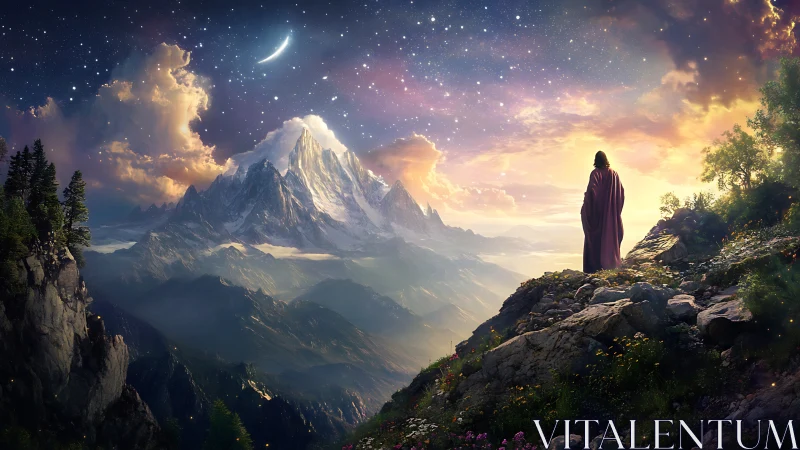 Stargazing wanderer greeting a glowing mountain twilight.