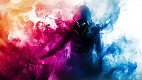 Hooded spectral figure emerging through neon smoke storm.