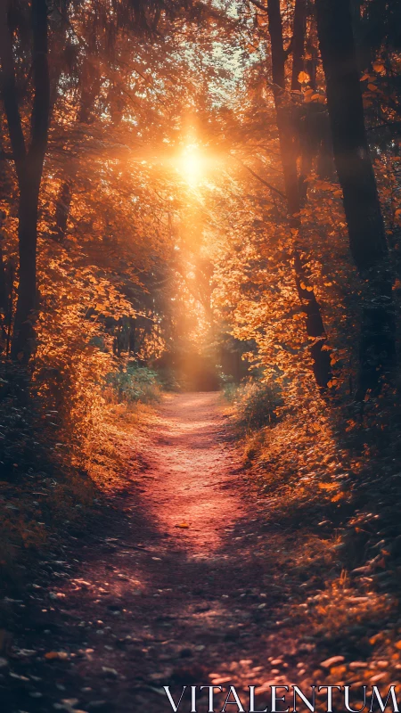 Golden Forest Path Bathed in Magical Autumn Sunlight