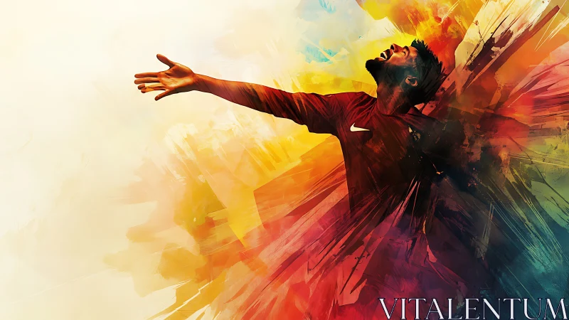 Triumphant athlete bursts through dynamic color explosion.