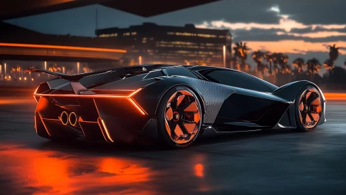 Sunset streets glow with a sleek neon-lit future car.