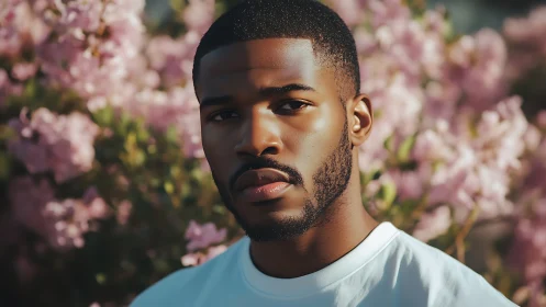 Quiet strength framed in soft pink spring blossom light.