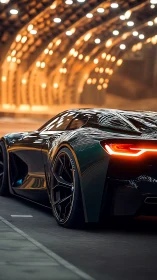 Low-angle rear view highlights aerodynamic hypercar under tunnel bokeh