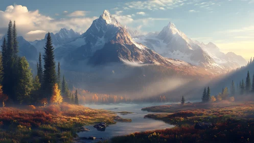 Snow-covered mountain range rises above river valley at dawn