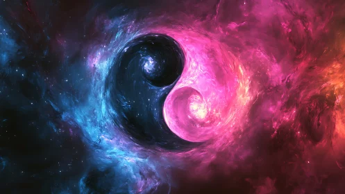 Cosmic yin yang swirling in neon nebula turbulence.