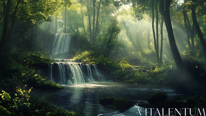 Tiered Waterfall Forest Stream with Atmospheric Light