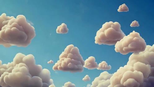 Soft stylized cumulus clouds drift across deep blue sky