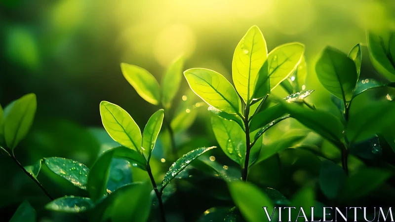 Vibrant green leaves with sunlight in nature, macro photo style.