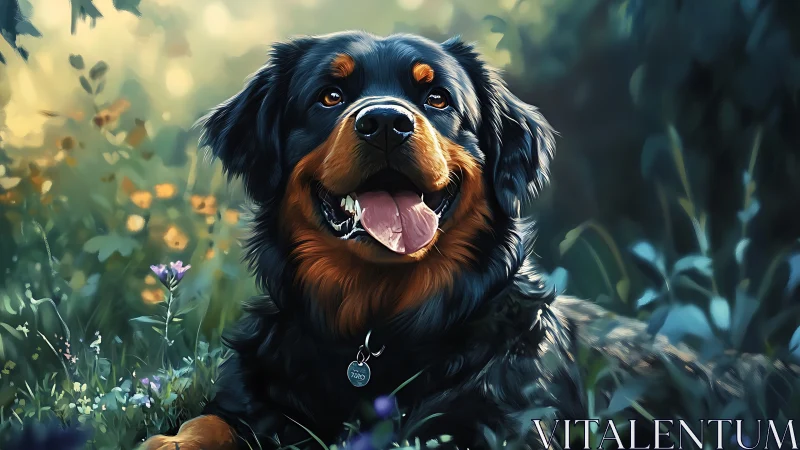 Rottweiler type dog resting in foliage under soft light.