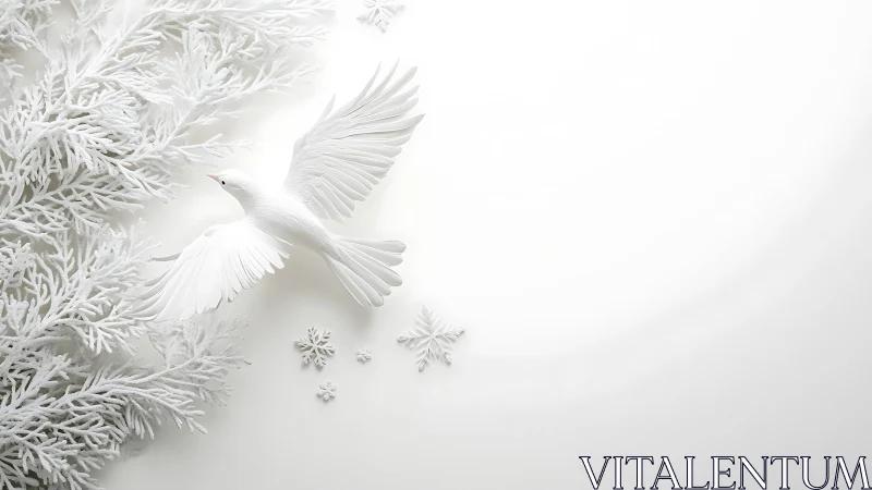 White paper dove glides beside frosted branches in snow