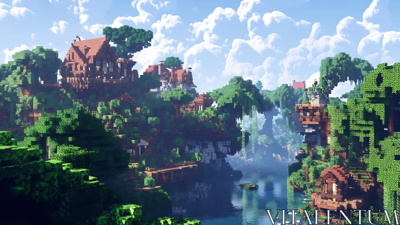 Medieval Fantasy Village in Blocky Pixel Style.