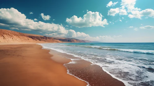 Golden shoreline curves beneath bright clouds and teal sea