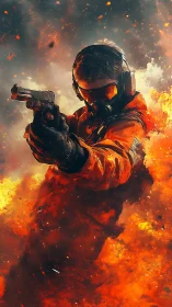 Tactical pistol operative in ignition blast with ember storm