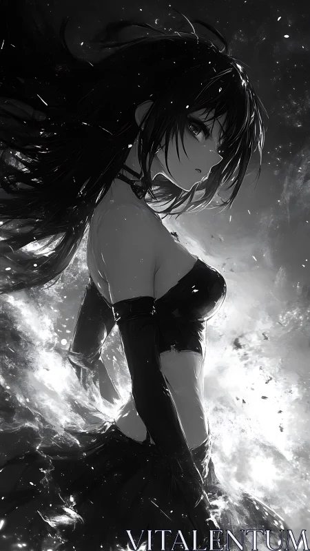 Dark-haired anime warrior rises amid swirling light and ash.