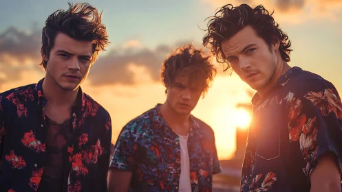 Stylish young men pose against a dramatic sunset sky.