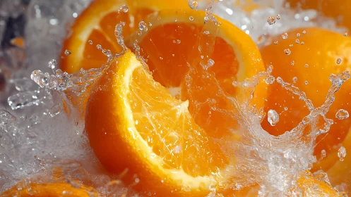 Juicy orange slices splashing into a bright, fizzy wave.