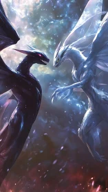Celestial twin dragons clash within swirling astral storm.