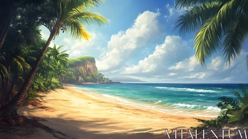 Tropical Paradise Beach Nestled Among Lush Palm Groves.