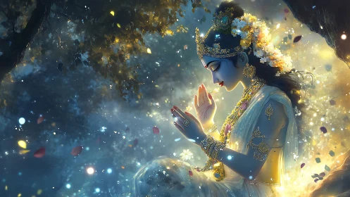 Radiant goddess in a moonlit forest of quiet devotion.