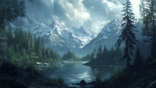 Glaciated alpine basin with conifer forest and reflective lake.