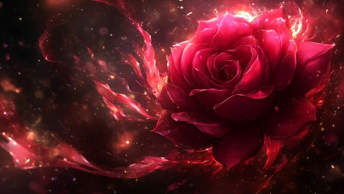 Glowing red rose burns outward in a dark abstract field