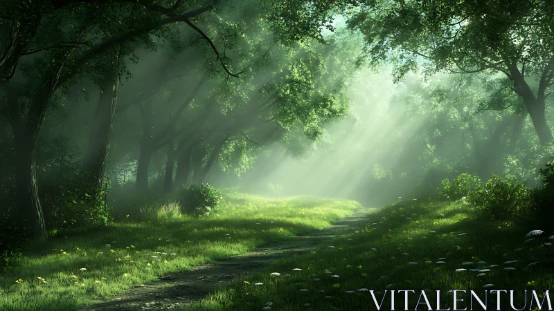Forest Path with Sunlight Through Canopy