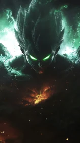 Dark energy warrior emerges from swirling cosmic flames