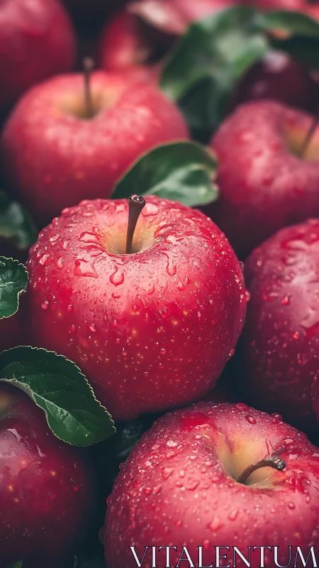 Macro close-up of dewy red apples with leaves in soft focus