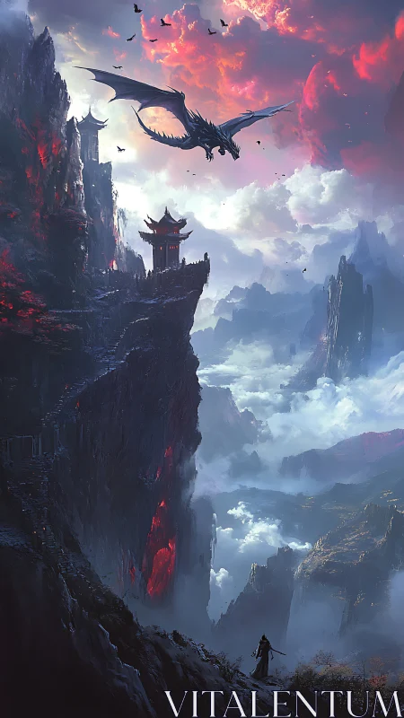 Dragon patrols volcanic cliff citadel above fog-drowned valley