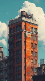 Tall weathered red brick tower under bright cloudy sky