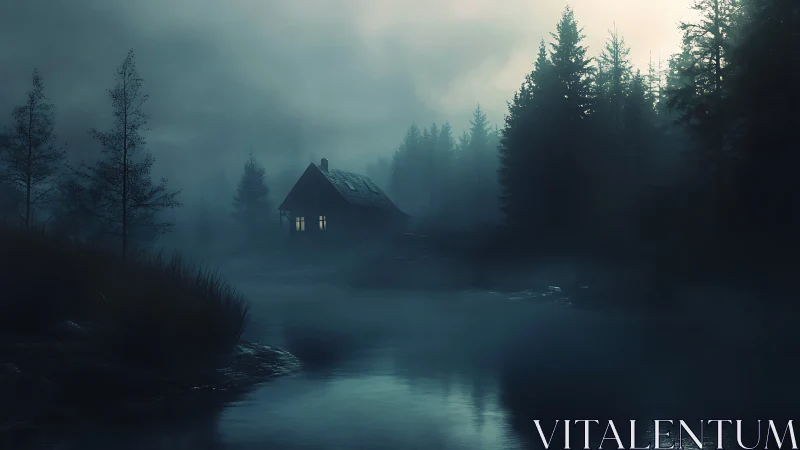 Remote cabin with warm windows in misty forest at dusk.