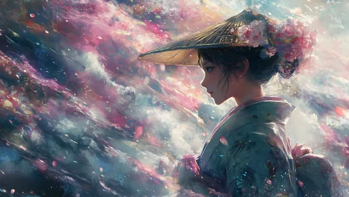 Profile of kimono girl amid swirling pastel clouds.