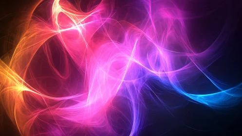 Neon light trails weave across dark abstract digital background