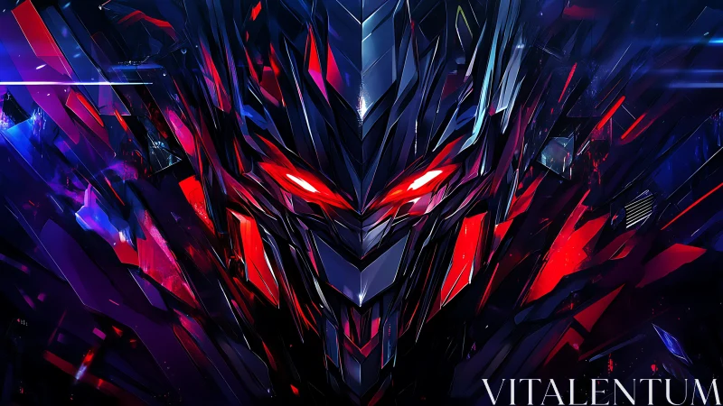Angular robotic visage in red and blue shard geometry.