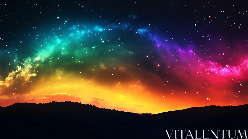 Silhouetted hills beneath multicolored galactic night sky.