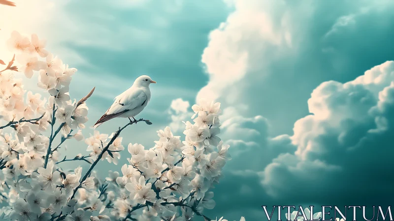 White bird on blooming branch, dreamy sky and soft pastel colors.