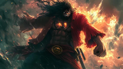 Storm-lit pirate warrior charging through roaring fire.