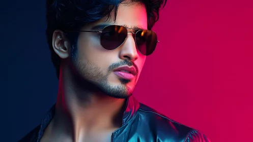 Cool portrait in neon light with relaxed modern flair.