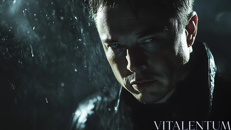 Brooding man in rain under harsh cinematic lighting.