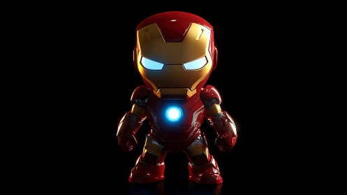 Chibi armored figure stands centered under controlled lighting