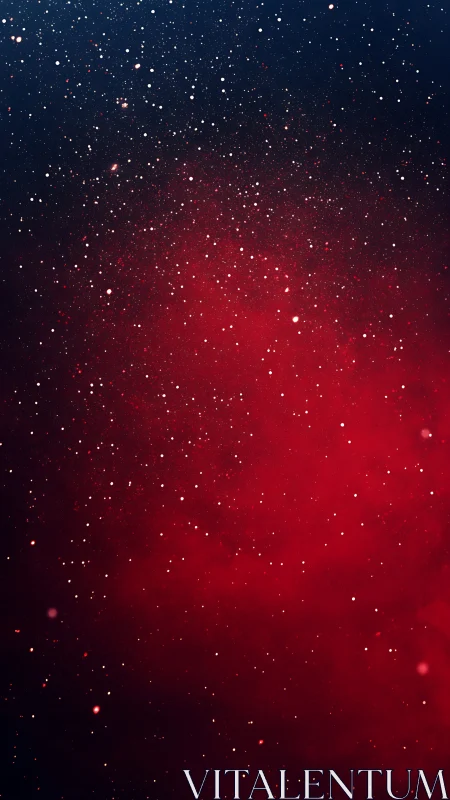 Red nebula cloud against deep star filled night sky.