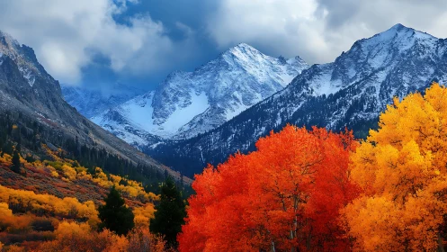 Snowcapped alpine peaks with vibrant autumn aspen forest foreground.