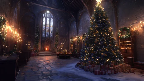 Cathedral of candlelit firs quietly rehearses winter magic