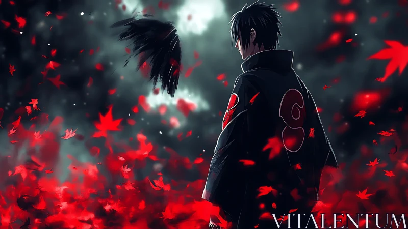 Anime dusk portrait with red leaf vortex and dark cloak figure.