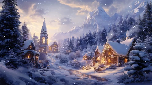 Snow-covered village houses line a winding alpine path