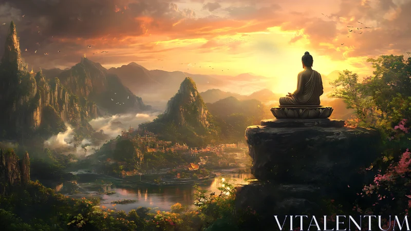Seated Buddha statue overlooks valley landscape at sunset