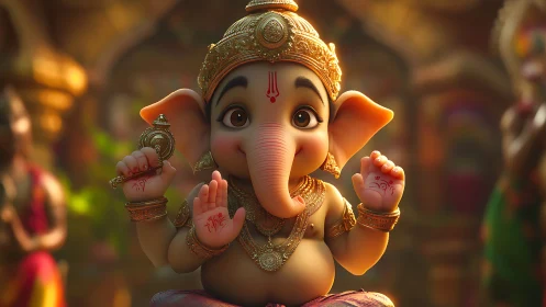 3D stylized Ganesha idol with ornate temple depth of field.