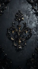 Dark ornamental wall panel with black and gold reliefs.