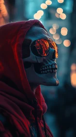 Neon skull figure in red hoodie under city bokeh lights.