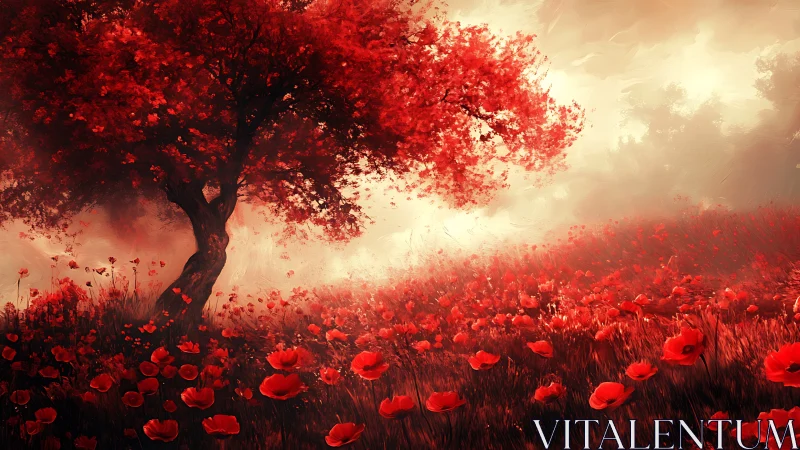Red tree dominates poppy field under diffuse glowing sky